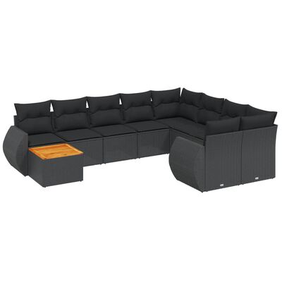 vidaXL 10-dijelni set vrtnih sofa s jastucima crni od poliratana