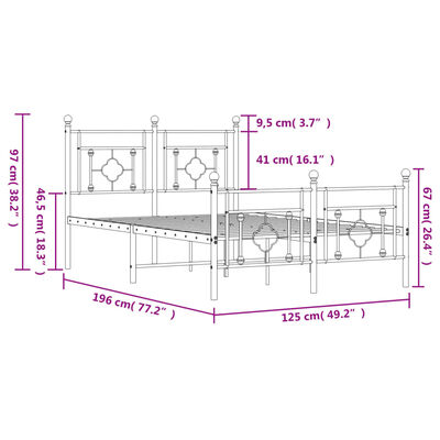 vidaXL Metalni okvir kreveta uzglavlje i podnožje crni 120x190 cm