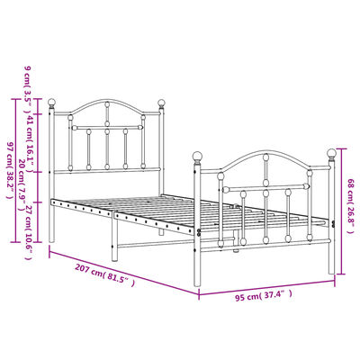 vidaXL Metalni okvir kreveta uzglavlje i podnožje crni 90 x 200 cm