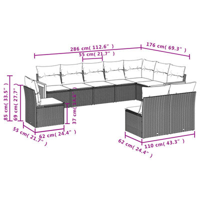 vidaXL 10-dijelni set vrtnih sofa od poliratana s jastucima sivi