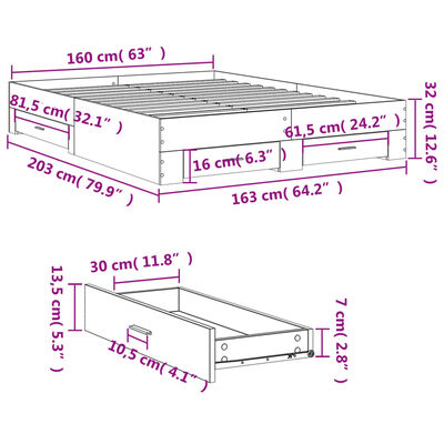 vidaXL Okvir za krevet s ladicama smeđa boja hrasta 160x200 cm drveni