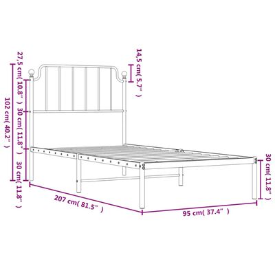 vidaXL Metalni okvir za krevet s uzglavljem bijeli 90x200 cm