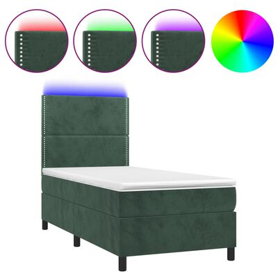 vidaXL Krevet box spring s madracem LED tamnozeleni 90x190 cm baršun