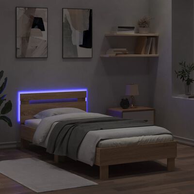 vidaXL Okvir za krevet s uzglavljem i LED svjetlima boja hrasta sonome