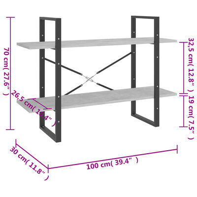 vidaXL Ormarić za knjige s 2 razine boja betona 100x30x70 cm drveni