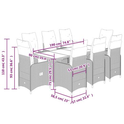 vidaXL 9-dijelni vrtni bistro set od poliratana s jastucima crni