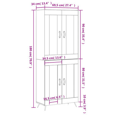 vidaXL Visoka komoda siva betona 69,5x34x180 cm od konstruiranog drva