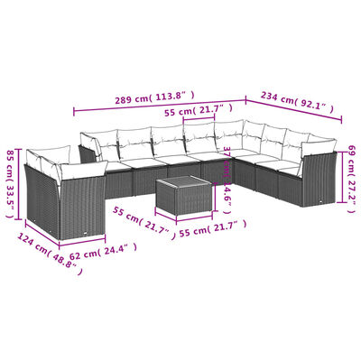 vidaXL 11-dijelni set vrtnih sofa od poliratana s jastucima crni