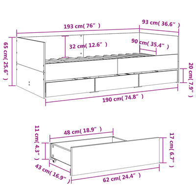 vidaXL Dnevni krevet s ladicama bez madraca smeđa hrasta 90x190 cm