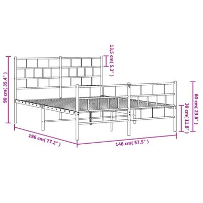 vidaXL Metalni okvir kreveta uzglavlje i podnožje bijeli 140 x 190 cm