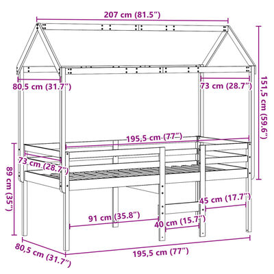 vidaXL Visoki krevet s krovom 75 x 190 cm od masivne borovine