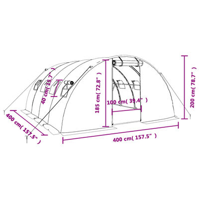 vidaXL Staklenik s čeličnim okvirom zeleni 16 m² 4 x 4 x 2 m