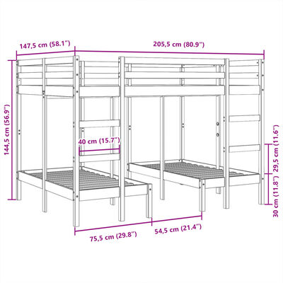 vidaXL Trostruki okvir kreveta na kat bijeli 140x200/70x140cm borovina