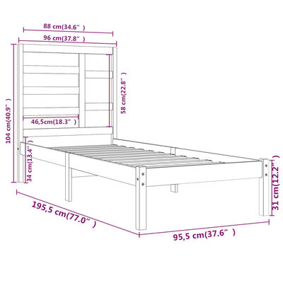 vidaXL Okvir za krevet crni masivno drvo 90 x 190 cm 3FT jednokrevetni