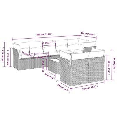 vidaXL 9-dijelni set vrtnih sofa s jastucima crni od poliratana