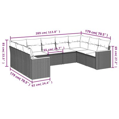 vidaXL 9-dijelni set vrtnih sofa s jastucima crni od poliratana