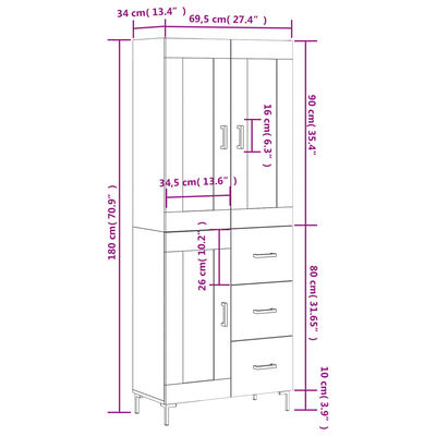 vidaXL Visoka komoda sjajna bijela 69,5x34x180 cm konstruirano drvo