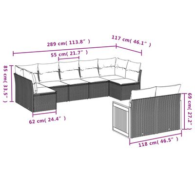 vidaXL 9-dijelni set vrtnih sofa s jastucima crni od poliratana