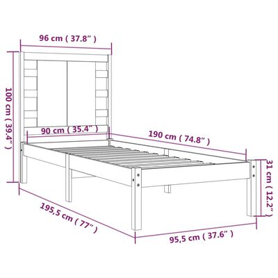 vidaXL Okvir za krevet crni masivno drvo 90 x 190 cm 3FT jednokrevetni