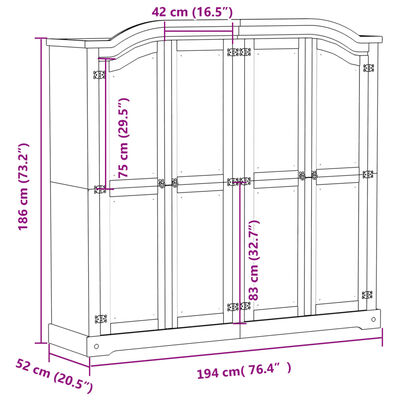 vidaXL Ormar Corona 194 x 52 x 186 cm od masivne borovine