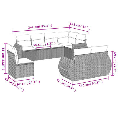 vidaXL 8-dijelni set vrtnih sofa od poliratana s jastucima crni