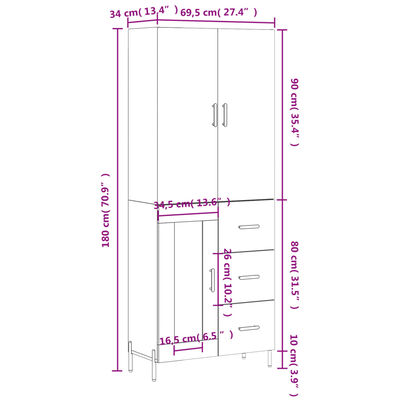 vidaXL Visoka komoda bijela 69,5x34x180 cm konstruirano drvo