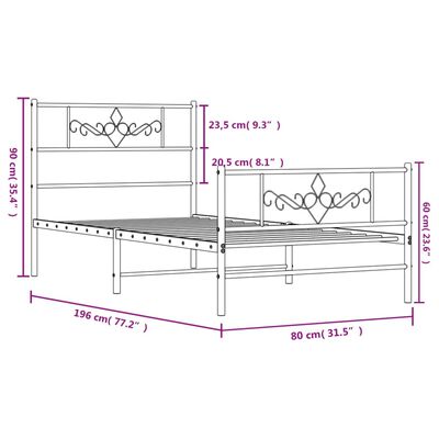 vidaXL Metalni okvir kreveta uzglavlje i podnožje bijeli 75x190 cm