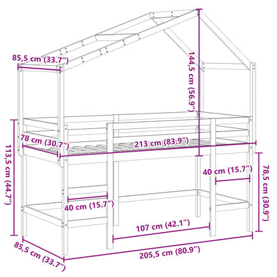 vidaXL Krevet na kat s ljestvama i krovom bijeli 80x200 cm od borovine