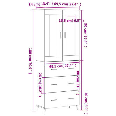 vidaXL Visoka komoda crni 69,5x34x180 cm konstruirano drvo