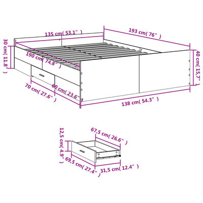 vidaXL Okvir kreveta s ladicama crni 135 x 190 cm konstruirano drvo