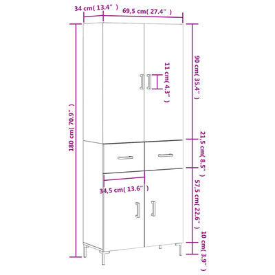 vidaXL Visoka komoda siva betona 69,5x34x180 cm od konstruiranog drva