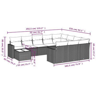 vidaXL 11-dijelni set vrtnih sofa od poliratana s jastucima sivi