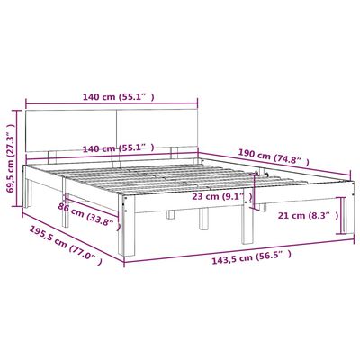 vidaXL Okvir za krevet od masivne borovine bijeli 140 x 190 cm