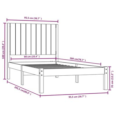 vidaXL Okvir za krevet od masivne borovine sivi 90 x 200 cm