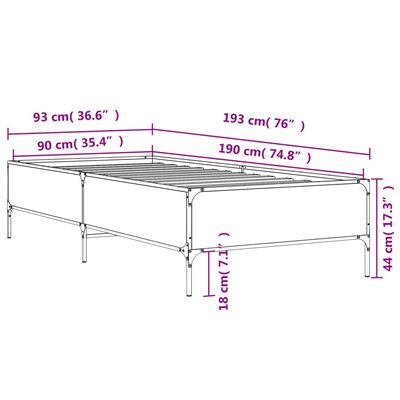 vidaXL Okvir kreveta boja hrasta 90 x 190 cm konstruirano drvo i metal