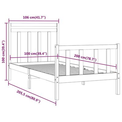 vidaXL Okvir za krevet od masivne borovine bijeli 100 x 200 cm