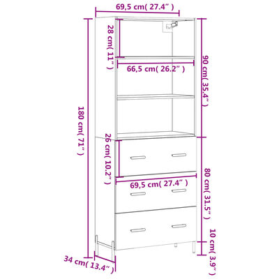 vidaXL Visoka komoda bijela 69,5x34x180 cm konstruirano drvo