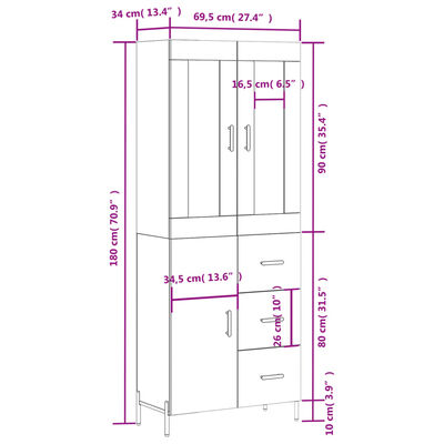 vidaXL Visoka komoda boja hrasta 69,5x34x180 cm od konstruiranog drva