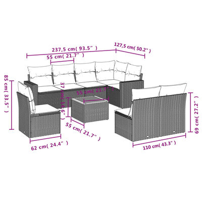 vidaXL 9-dijelni set vrtnih sofa s jastucima crni od poliratana