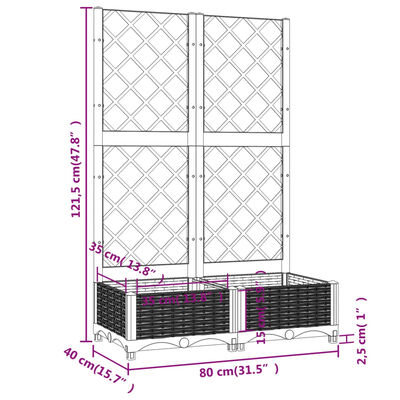 vidaXL Vrtna sadilica s rešetkom crna 80 x 40 x 121,5 cm PP