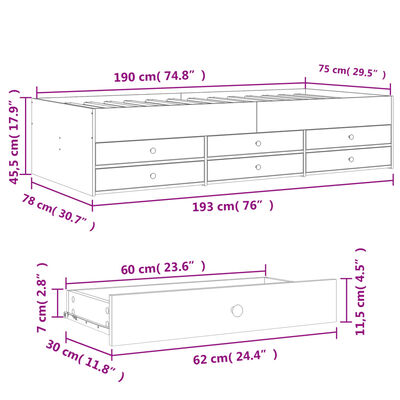 vidaXL Dnevni krevet s ladicama bez madraca boja hrasta 75x190 cm