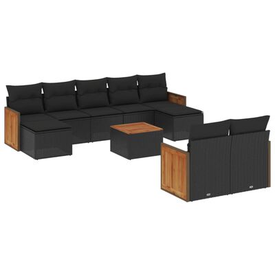 vidaXL 10-dijelni set vrtnih sofa s jastucima crni od poliratana