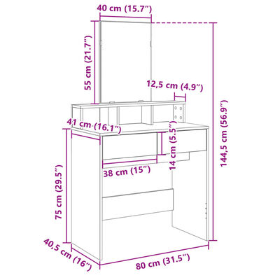 vidaXL Toaletni stolić s ogledalom siva boja hrasta 80 x 41 x 144,5 cm