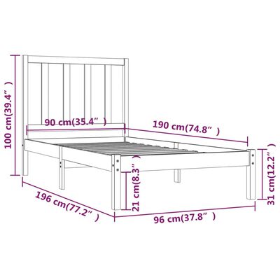 vidaXL Okvir za krevet od masivne borovine 90x190 cm 3FT jednokrevetni