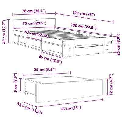 vidaXL Okvir kreveta s ladicom siva boja betona 75x190 cm drveni