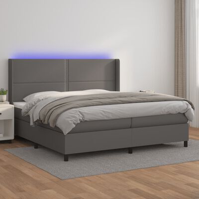 vidaXL Krevet box spring s madracem LED sivi 200x200cm od umjetne kože