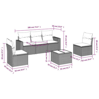 vidaXL 6-dijelni set vrtnih sofa s jastucima crni od poliratana