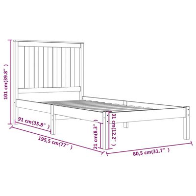 vidaXL Okvir za krevet od borovine crni 75 x 190 cm jednokrevetni