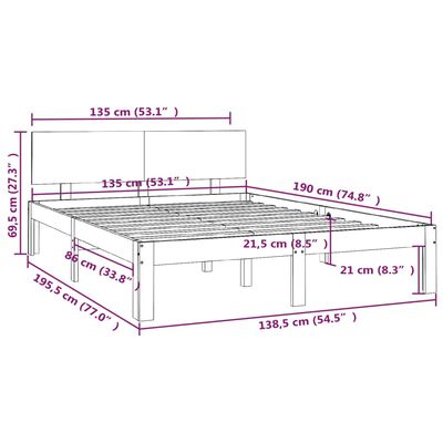 vidaXL Okvir za krevet od masivnog drva bijeli 135x190 cm 4FT6 bračni