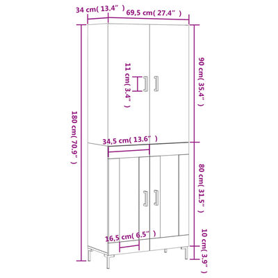 vidaXL Visoka komoda boja hrasta 69,5x34x180 cm od konstruiranog drva